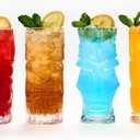 Set of 4, 16 Oz Clear Tiki Cups Tumbler Glass Set, Modern Tropical Tiki Bar Party Beverages Iced Tea