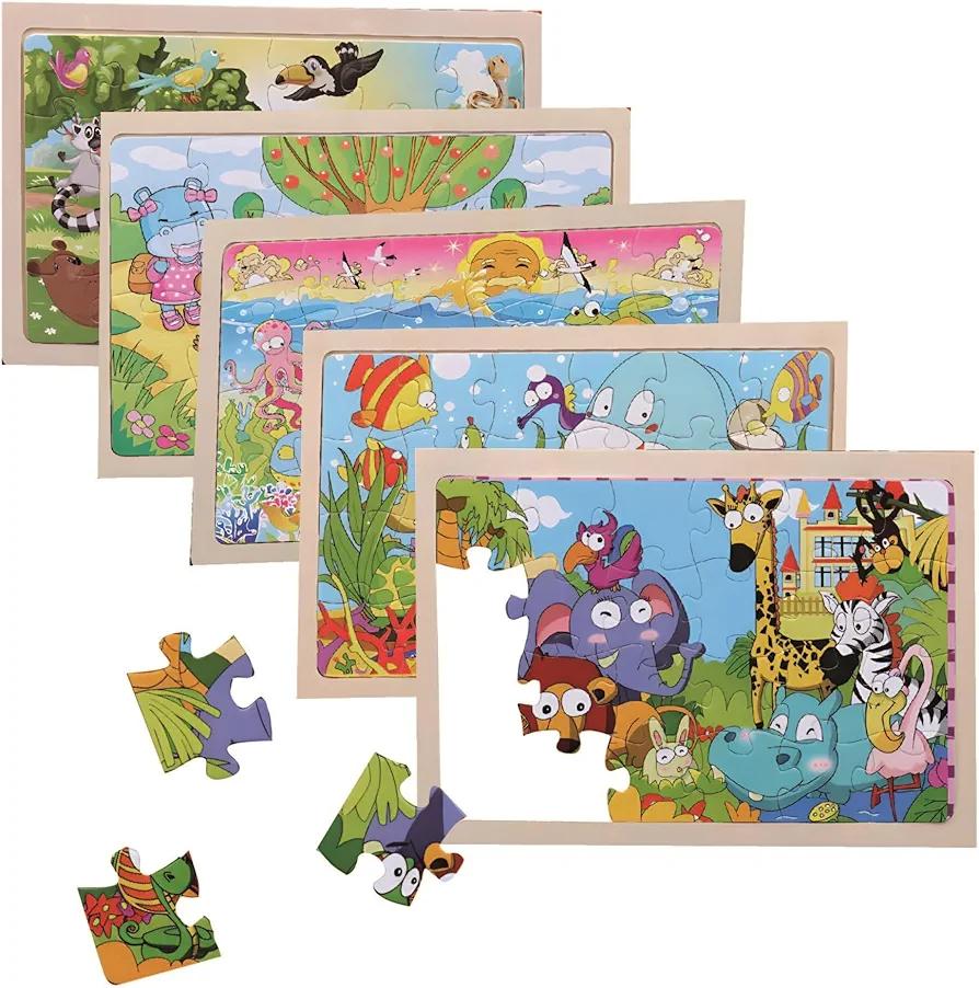 Wooden Puzzles for Kids Ages 3-8, 5 Packs 24 PCS, Preschool Puzzles, Farm Sea Animals, Birthday for Boys and Girls Under 3 Years of Age