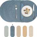 Round Wipeable Placemats Set of 6  Faux Leather Round Table Mats, Waterproof & Washable Vinyl Placemats, Circle Design for Dining Table Decor Charcoal Blue