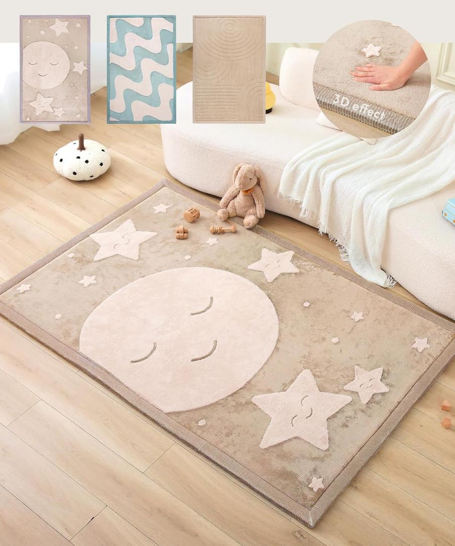 Hakuna Matte CloudRise Baby Play Mat for Floor 60" x 80" Moon & Stars Coral Velvet Memory Foam Rug for Crawling & Cozy Play Non-Slip, Water-Resistant, Easy-Care Tummy Time Mat, Playmat for Playpen