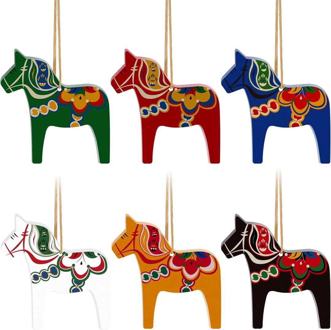 Dala Horse Swedish Christmas Decorations 6 PCS Double-Sided Wooden Dala Horse Ornament for Home Christmas Tree,Table,Wall, Party Gift