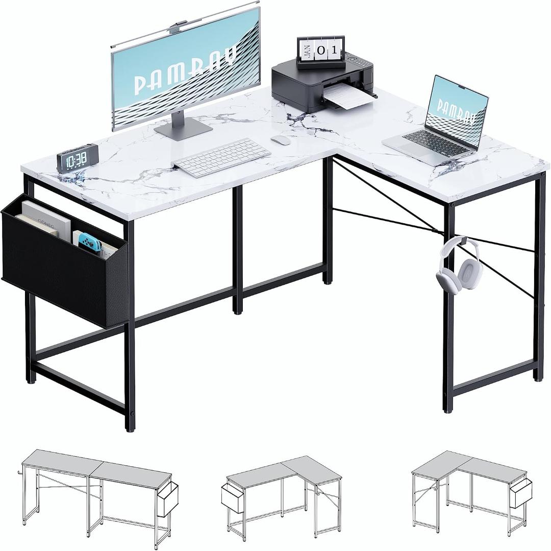 Pamray 47 Inch Reversible L Shaped Gaming Desk Corner Computer Desk with Storage Bag Home Office Table for Writing Study Marble