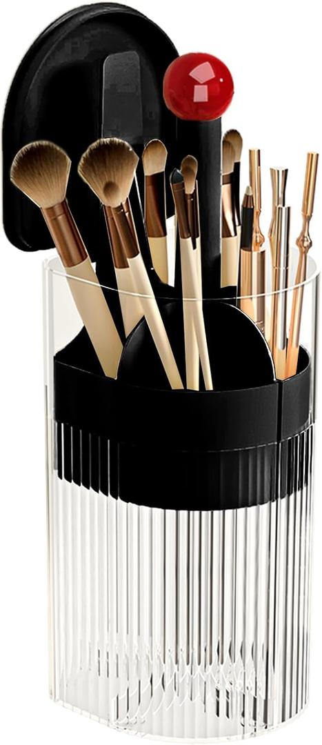 Makeup Brush Holder with Lid, One-Hand Press Open/Close Mechanism Cosmetic Tools Organizer, Clear Waterproof Dustproof Make Up Storage for Vanity, Bathroom Countertop-Black-Red Ball