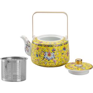 Antique Ceramic Teapot Coffee Pot with Infuser, 400ml (1-2 cups) Small Porcelain Tea Pots for Loose Leaf Tea, with Removable Stainless Steel Strainer and Lid for Gift (Yellow(Handle))