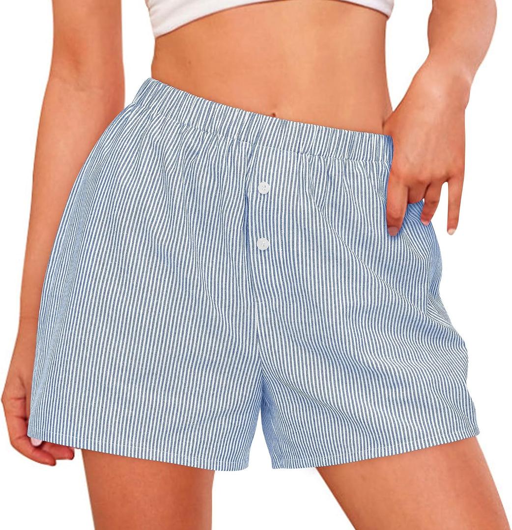 PRETTYGARDEN Womens Summer Gingham Boxer Shorts | Casual Plaid Striped PJ Shorts, Lightweight Cotton Fabric, 2026 Y2K Checkered Boxers for Lounge Sleep, Beach Vacation Outfits (XL)