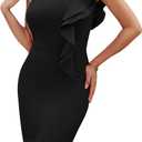 Women's One Shoulder Ruffle Bodycon Dress Elegant Cocktail Party Slit Midi Dresses (Black)