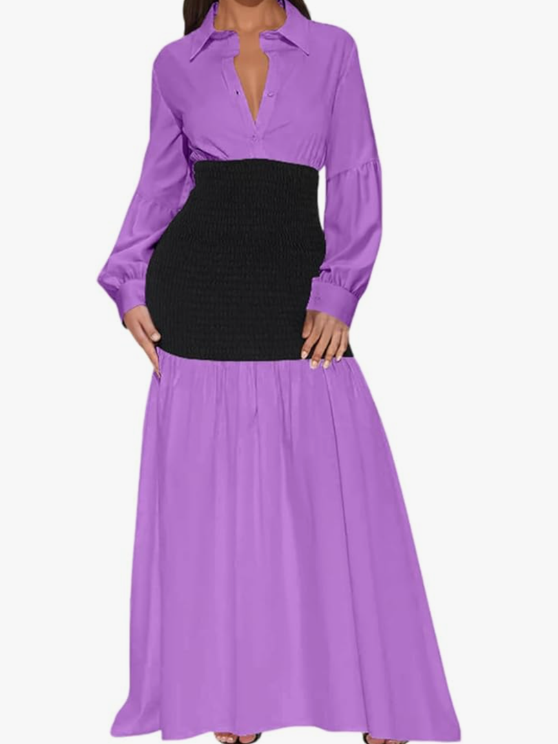 Ekaliy Women's Puff Long Sleeve Shirt Dress Elegant Button Down Loose Swing Party Maxi Dress XXL