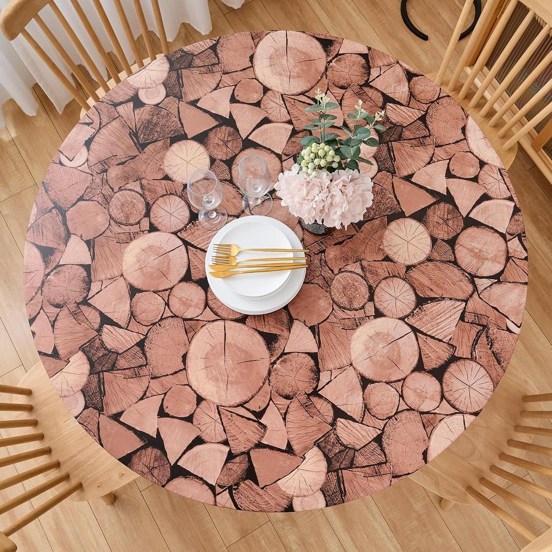 Pioggia Round Vinyl Fitted Tablecloth with Flannel Backing Elastic Table Cloth Waterproof Oil-Proof Plastic Table Cover Best for 37"-44" Round