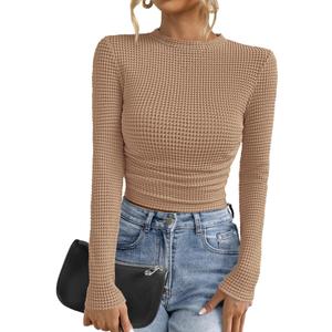 PRETTYGARDEN Womens Tops 2025 Fall Long Sleeve Fitted T Shirts Waffle Ruched Crop Shirt Basic Knit Workout Y2k Clothes (Medium, Khaki)