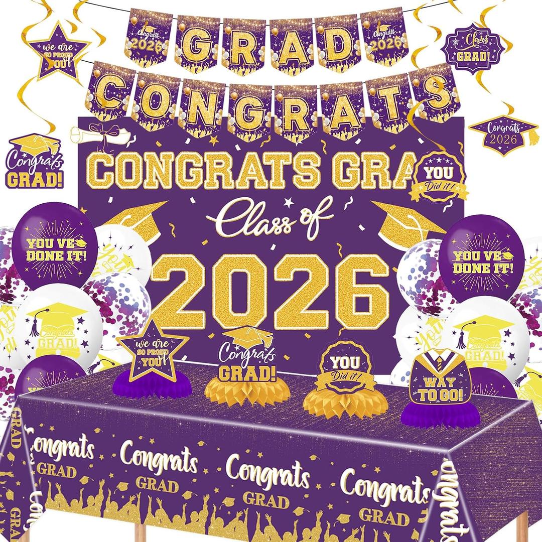 Staplefor Graduation Decorations 2026 Purple and Gold Party Decor Set include Congrats Grad Banner Graduation Backdrop Class of 2026 Balloons Party Supplies for High School & College Celebrations