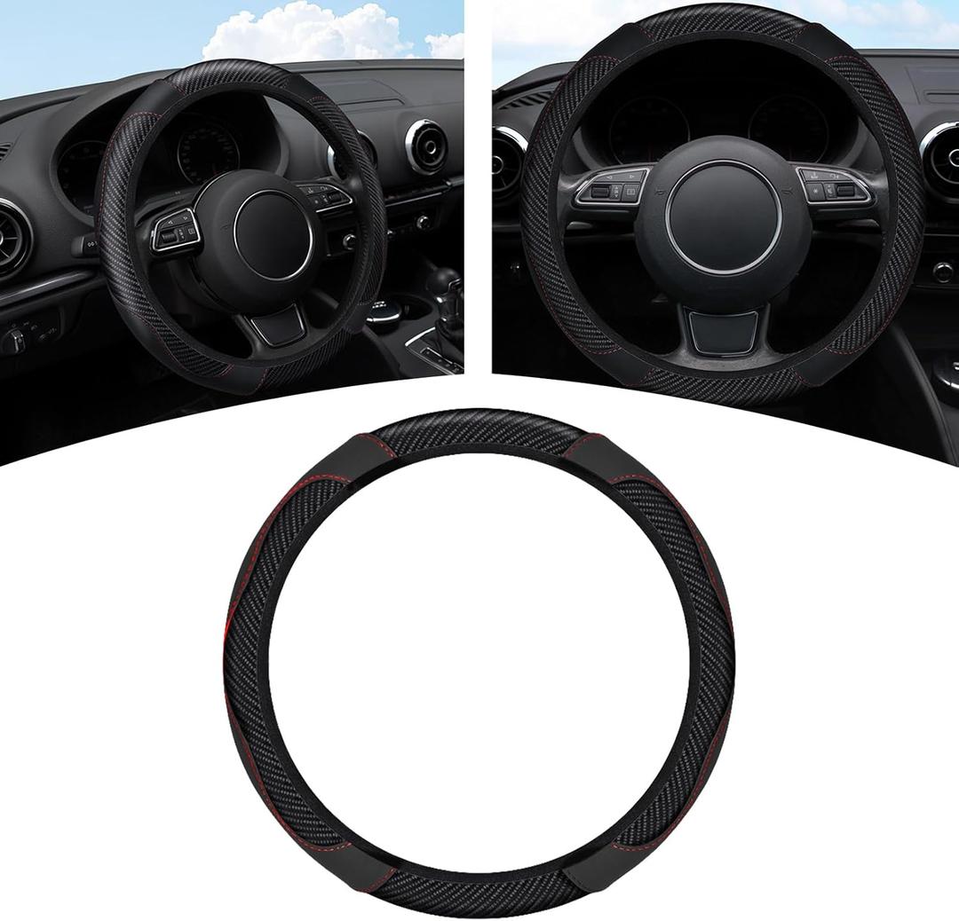 Carbon Fiber Car Steering Wheel Cover, 15 Inch Universal Leather Elastic Steering Wheel Protector, Anti-Slip Automotive Interior Accessories for Most Car Models (Black)
