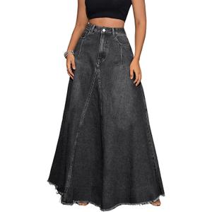 ebossy Women's Retro Distressed High Waist Frayed Hem A Line Wash Maxi Long Denim Skirt with Pockets M