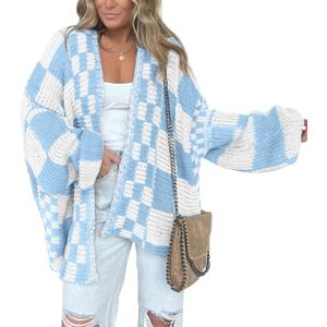 BTFBM Casual Cardigan Sweater for Women Fall 2026 Long Sleeve Open Front Chunky Knit Sweaters Checkered Outwear Coat (X-Large, Blue)