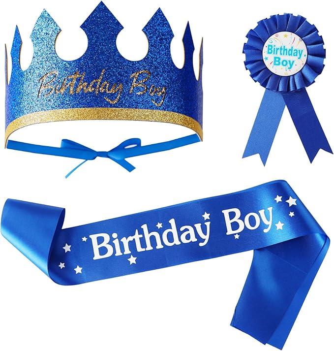 Birthday King Crown Hat Birthday Boy Sash and Button Pin Party Decorations Dress Up Accessories Blue