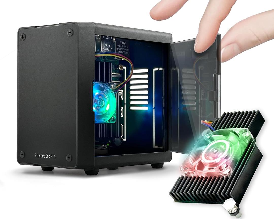 ElectroCookie Mini PC Case for Raspberry Pi 5 with Active RGB Lighting Cooler (Matte Black)