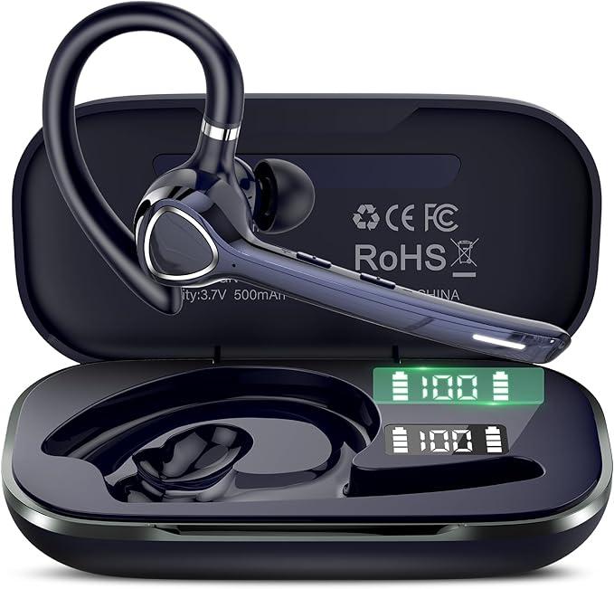 Bluetooth Headset with APTX HD Audio, Wireless HandsFree Earpiece with CVC 8.0/ENC Dual Mic, Mute Button & Dual Device Connection, 90H Playtime SingleEar Headphone for Trucker, Business, Blue‌