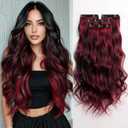 25 Inch Clip in Hair Extensions for Women Long Wavy Synthetic Hair Extension 4PCS Thick Hairpieces Natural Soft Clip On Extensions Invisible Volumizer Clips Ins for Thin Hairs Black Mix Red