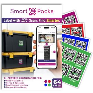 SmartPacks Colored QR Stickers - Premium Smart Labels for Storage Bins with AI-Powered App | Advanced Pack and Track Labels with QR Code for Inventory, Storage, Moving | 64 Stickers