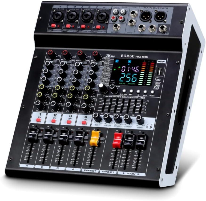 BOMGE 4-Channel Audio Interface Mixer with 256 DSP, Bluetooth 48V Phantom Power, 2x350W Amplifier (4 Ohm) for Studio Recording, DJ Mixing, Karaoke, Concert Party & Streaming