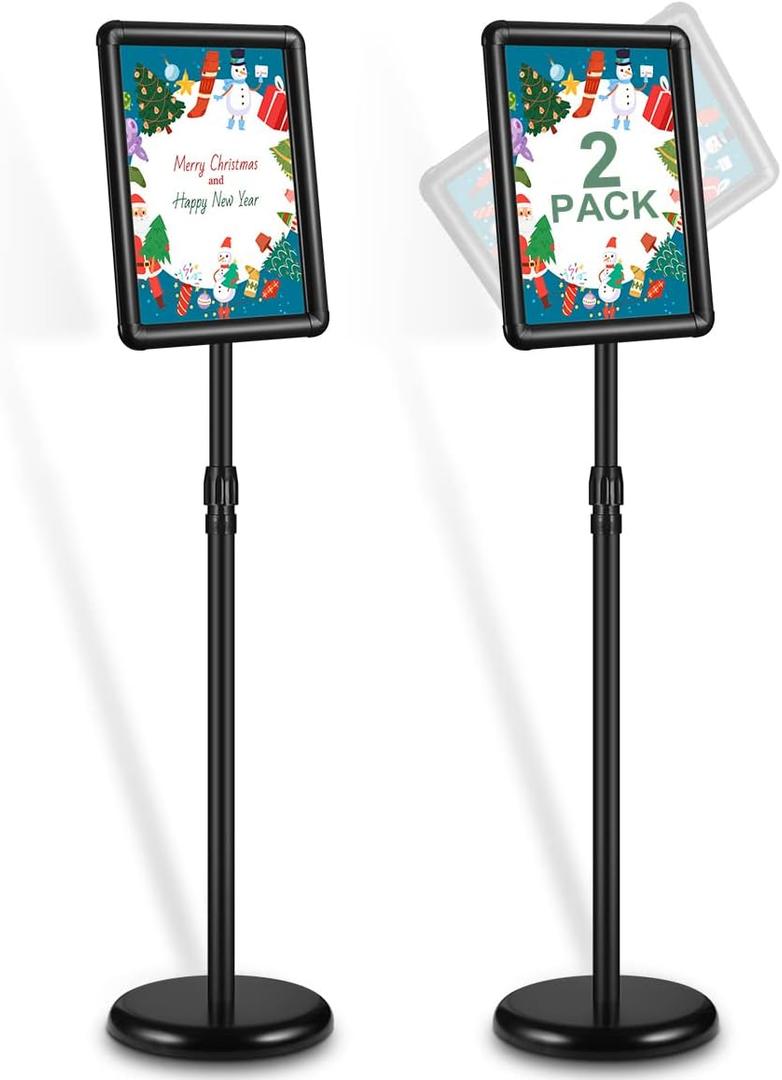 Sign Stand, 2 Pack Adjustable Sign Holder Stand with Base, 8.5 x 11 Inch Vertical and Horizontal View Sign Displayed, Snap Open Frame for School Store Business Advertise Show Christmas Decor, Black