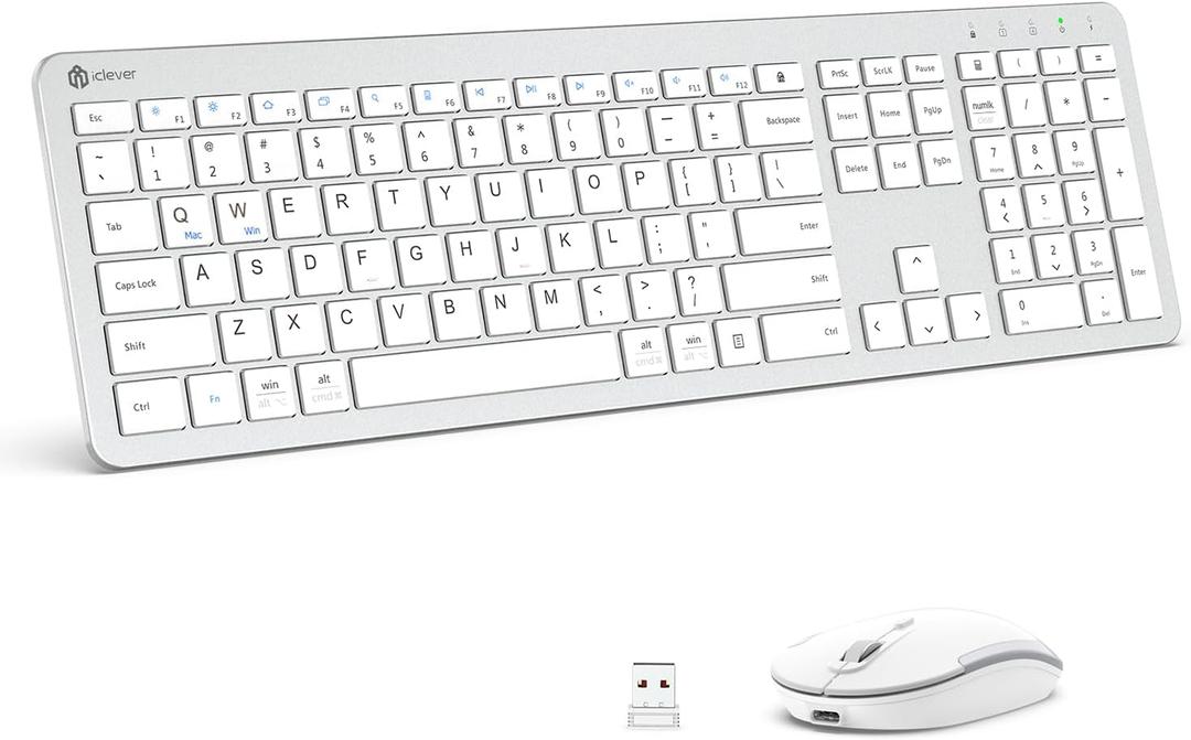 iClever Wireless Keyboard and Mouse, GK08 White Keyboard Mouse Combo, Ergonomic, Quiet, Full Size Design with Number Pad, 2.4G Connection for Mac, Windows and Computer (Silver)