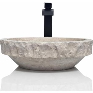 Round Travertine Vessel Sink, Natural Stone Wash Basin, Hand-Carved Bathroom Sink, Chiseled Exterior, Polished Interior, Above Counter Vanity (Soap Tray Included), Medium