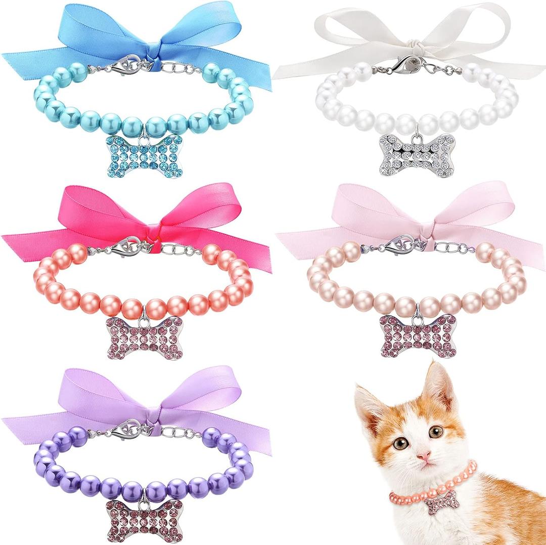Frienda 5 Pcs Pet Pearl Necklace Diamond Crystal Dog Pearl Necklace Collars with Bling Rhinestones Bone Dog Cat Jewelry Set Wedding Collar for Puppy Pets (S)