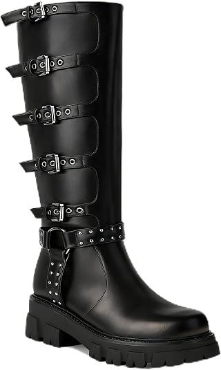 AlureAbys Women's Knee High Boots Riding Buckle Boots Chunky Heel Fashion Biker Motorcycle Boots Round Toe Platform Zipper Black Comfy Tall Boots for Women Moto Booties Rivets, Black Size 37