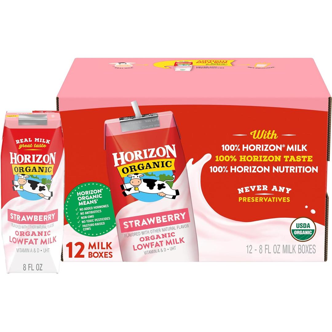 Horizon Organic Shelf Stable 1% Lowfat Strawberry Milk Boxes, Pack of 12 - 8g Protein per Serving (EXP 09/24/26)