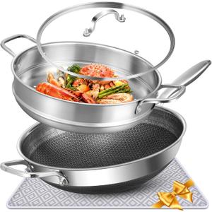 AOSION Hybrid 13 inch Stainless Steel Wok with Steamer, PFOA Free Cookware, Nonstick Wok Pan & Stir-Fry Pans with Lid and Draining Mat, Works on Induction, Dishwasher & Oven Safe