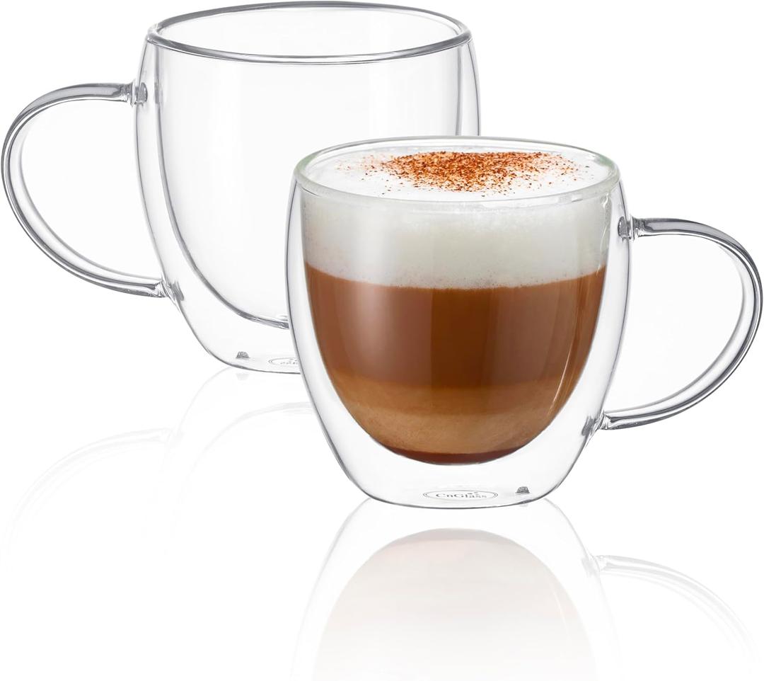 CNGLASS Double Wall Glass Coffee Mugs with Handle,8.5oz Clear Insulated Glass Espresso Cups for Hot and Cold Beverages,Latte,Cappuccino,Set of 2