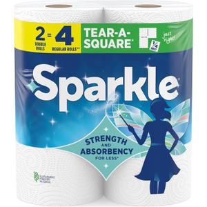 Sparkle Tear-A-Square Paper Towels, 2 Double Rolls (220 Sheets Total) - Strong 2-Ply Towels for Kitchen Cleanup and Everyday Messes