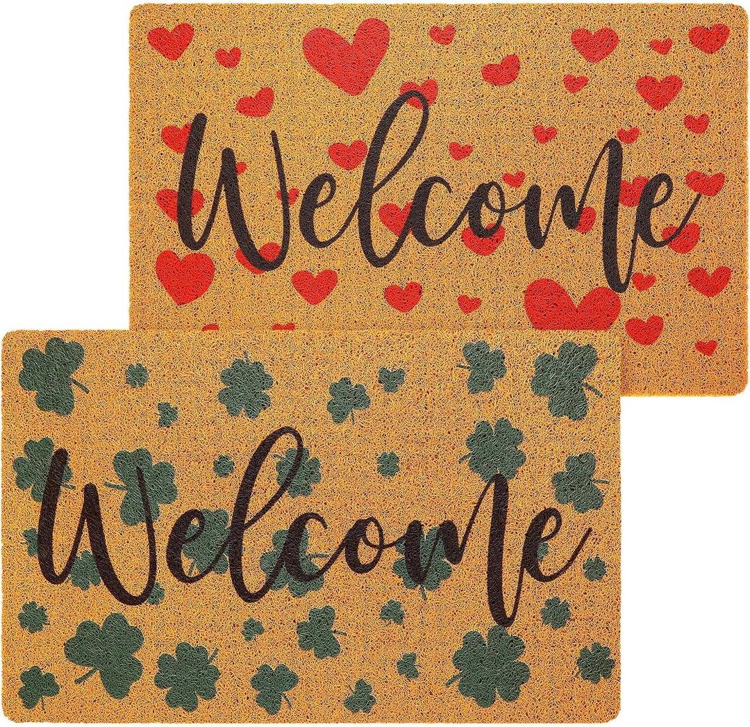 2 Pcs Welcome Doormat Set Shamrock Hearts Imitation Coconut Coir Door Mat Valentines Day St. Patrick's Day Welcome Rug Outdoor Entrance Non Slip Mat for Porch Entry Staircase Bathroom Decor