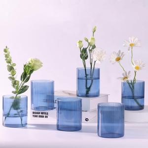 Glass Ribbed Cylinder Vase Set of 6, Bud Vase for Wedding Centerpieces, Clear Ribbed Glass Flower Vase, Hurricane Floating Candle Holder 4 Inch, Decorative Vases for Home Decor(Blue)