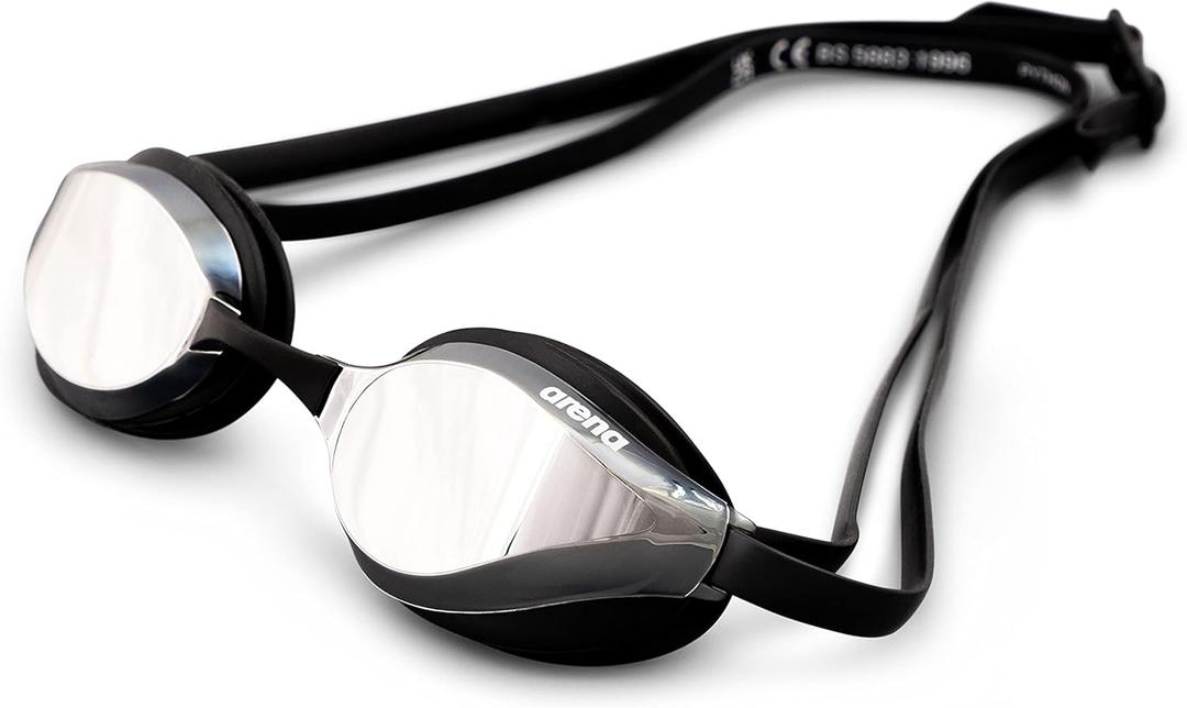 ARENA Unisex Python Racing Swim Goggles for Men and Women Anti-Fog No Leak Max Comfort Dual Strap, Mirror/Non-Mirror Lens (Silver/Black)