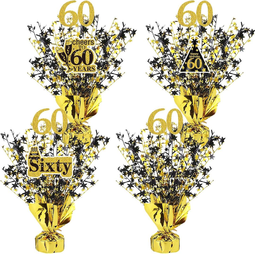 Tatuo 4 Pcs Metallic Foil Spray Centerpiece Happy 30th 40th 50th 60th Years Centerpiece Table Decorations for Black and Gold Birthday Anniversary Wedding Party Table Decor(60th Birthday)