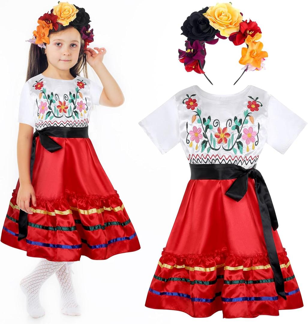4 Pcs Mexican Traditional Costume Set Flamenco Dance Dress Flower Crown Headband Halloween 7-8