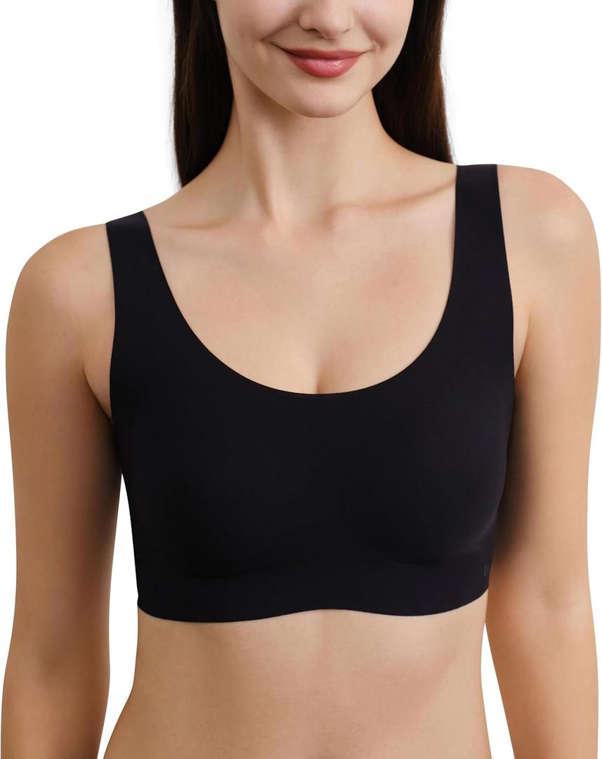 Seamless Bras for Women Full Coverage Wireless Bralette Widen Straps & Side, Comfortable Breathable Smooth Pull On Bras (Small, Black)