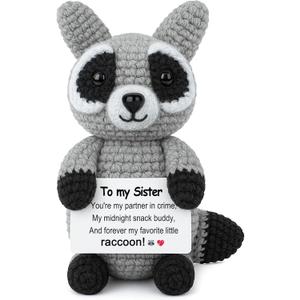 JoycuFF Sister Birthday Gifts Mini Raccoon Birthday Gifts for Sister Positive Crochet Animals Cheer Up Gift for Sisters Handmade Emotional Support Crochet