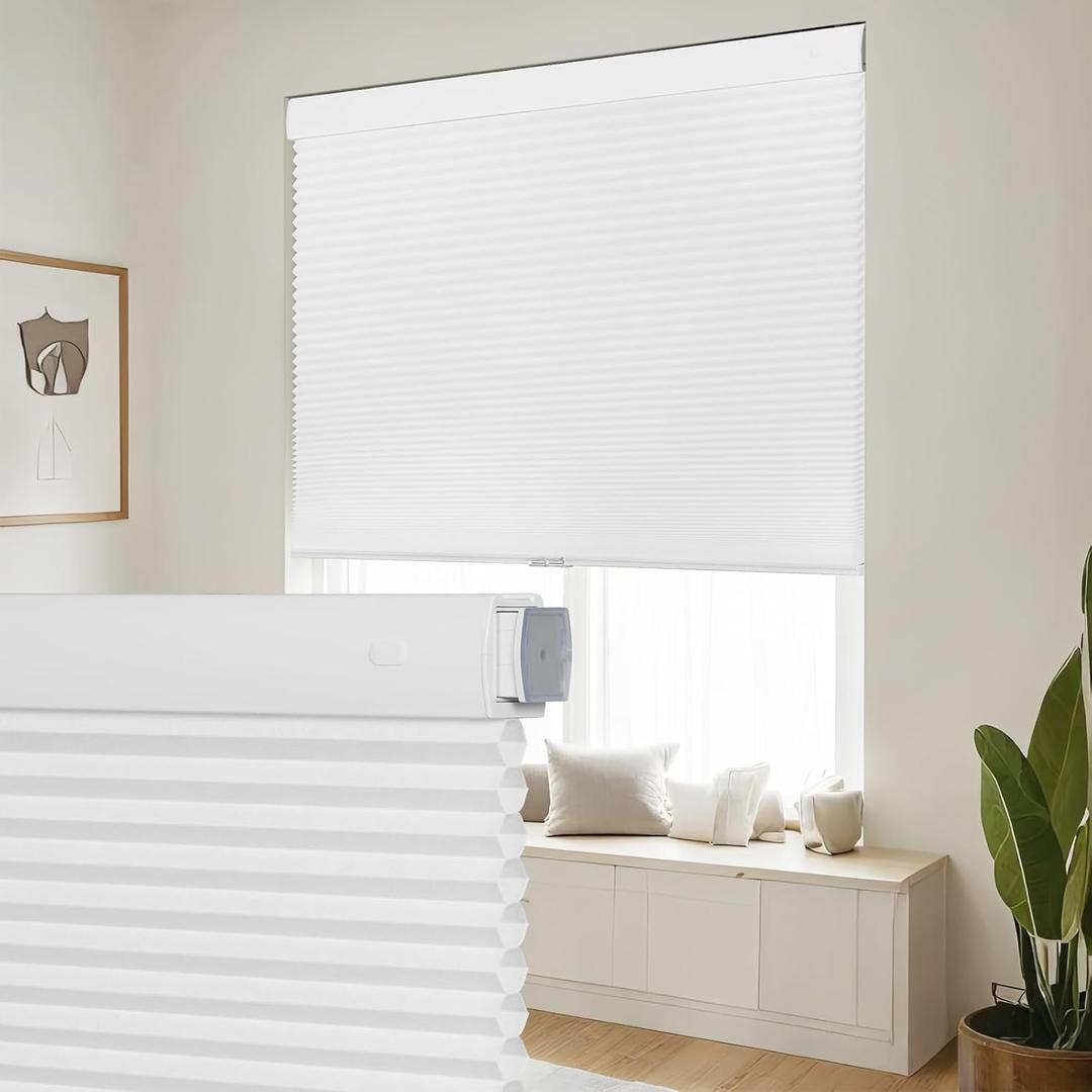 SEEYE No Drill Cordless Cellular Shades, Light Filtering Honeycomb Blinds for Indoor Window, Thermal Insulated Noise Reduction, Easy Install for Bedroom, Living Room, Office, White (26" W x 64" H)