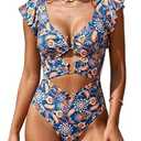 B2prity Women One Piece Swimsuit Tummy Control Ruffle Sleeve V Neck Bathing Suit Cutout Sexy High Waisted Monokini, 2XL