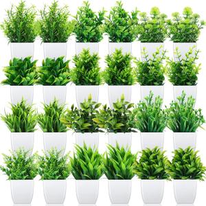 Tigeen 24 Pots Small Fake Plants Mini Eucalyptus Potted Artificial Plants Greenery Eucalyptus Rosemary Gladiolus Magnolia Aloe Faux Plants for Home Indoor Room Decor (Stylish Style)