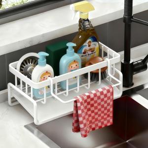 Sponge Holder for Kitchen, Sink Caddy Organizer Rack for Kitchen Accessories, Soap Dispenser Countertop Organizer Essentials for Home (White)