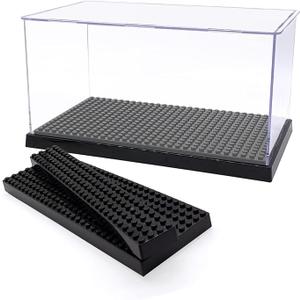Acrylic Display Case for Figures Dustproof, Clear Display Box with Building Base, Collection Bricks Storage Blocks Aciton Figure Showcase(Black)