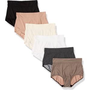 Warner's women's Blissful Benefits Dig-free Comfort Waistband Microfiber Brief 6-pack Rs9046w (X-Large, Toasted Almond/Black and White Pin Dot/Black/White/Pearled Ivory/Black Lace Dot)