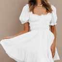 Women's Square Neck Puff Sleeve Mini Dresses Ruffle Elastic Waist A-Line Elegant Summer Casual Flowy Mini Dress (White)