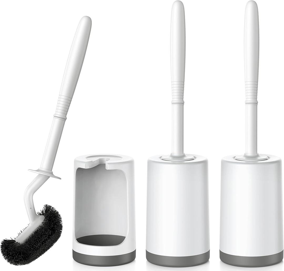 HAMITOR Toilet Bowl Brush Holder Set: Curved Design with Holder for Deep Cleaning Under Rim - Compact Hidden Scrubber for Small Space - Modern RV Bathroom Accessories - 3 Pack (White)