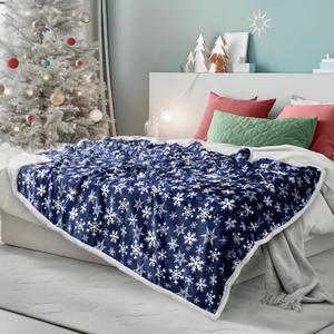 PAVILIA Blue Snowflake Christmas Sherpa Throw Blanket, Reversible Fleece Sherpa Cozy Holiday Blanket 60x80, Soft Winter Throw for Couch & Bed, Plush for Family Friends (Twin)