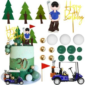 Golf Cake Toppers Golf Carts Clay Golf Figurine Cake Decorations with Green Gold Balls Red Flag Trees for Golf Sport Theme Birthday Supplies (01)