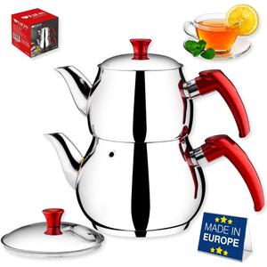 Hakan Teapot Set 67 Oz with Self Strainer Double Lids, Stainless Steel Mini Double Bondy Tea Pot Set 2 L, 2.1-Quart, Turkish Samovar Style, Tea Kettle for Loose Leaf Tea with Red Bakelite Handle